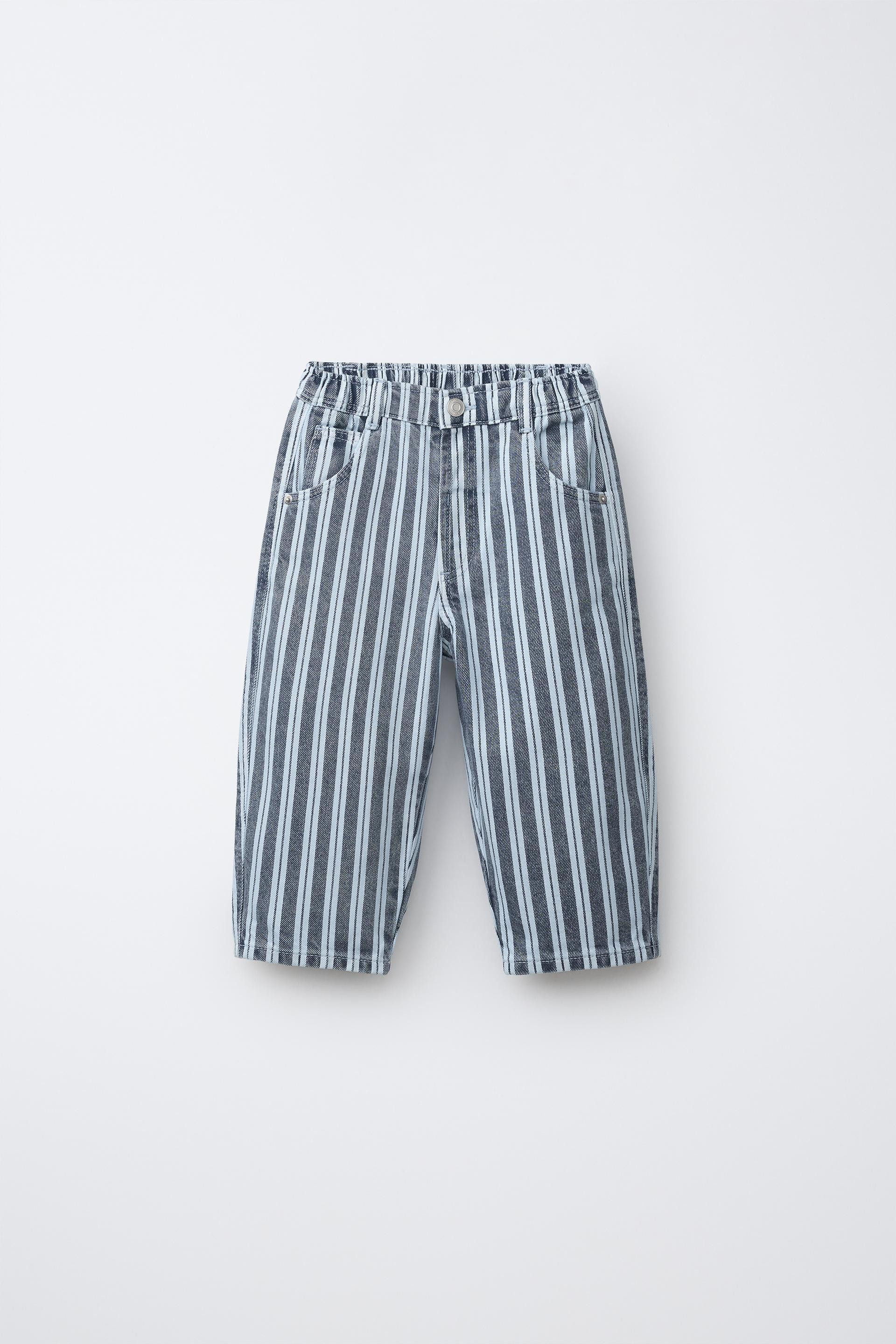 Zara - Striped Baggy Jeans - Ecru / Navy - 1½ Years (33,9 Inches) - Kids | Zara US