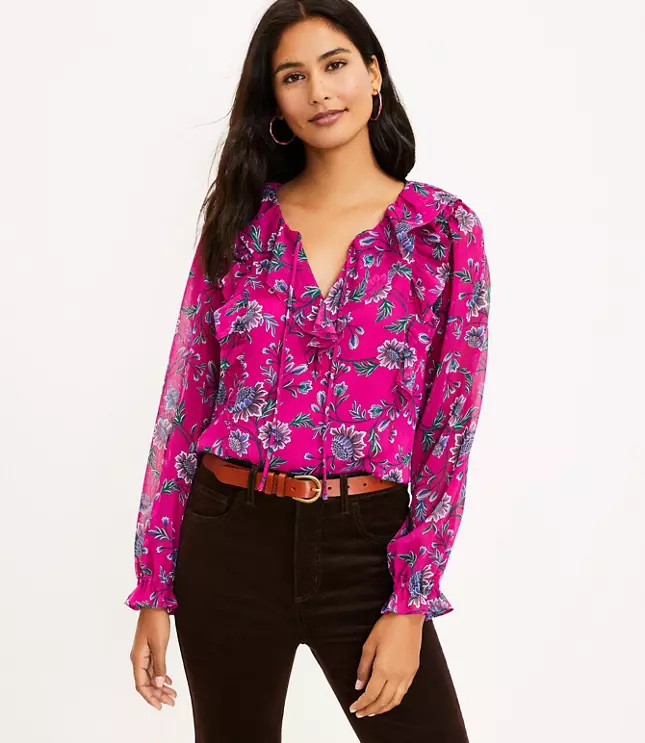 Floral Ruffle Tie Neck Blouse | LOFT