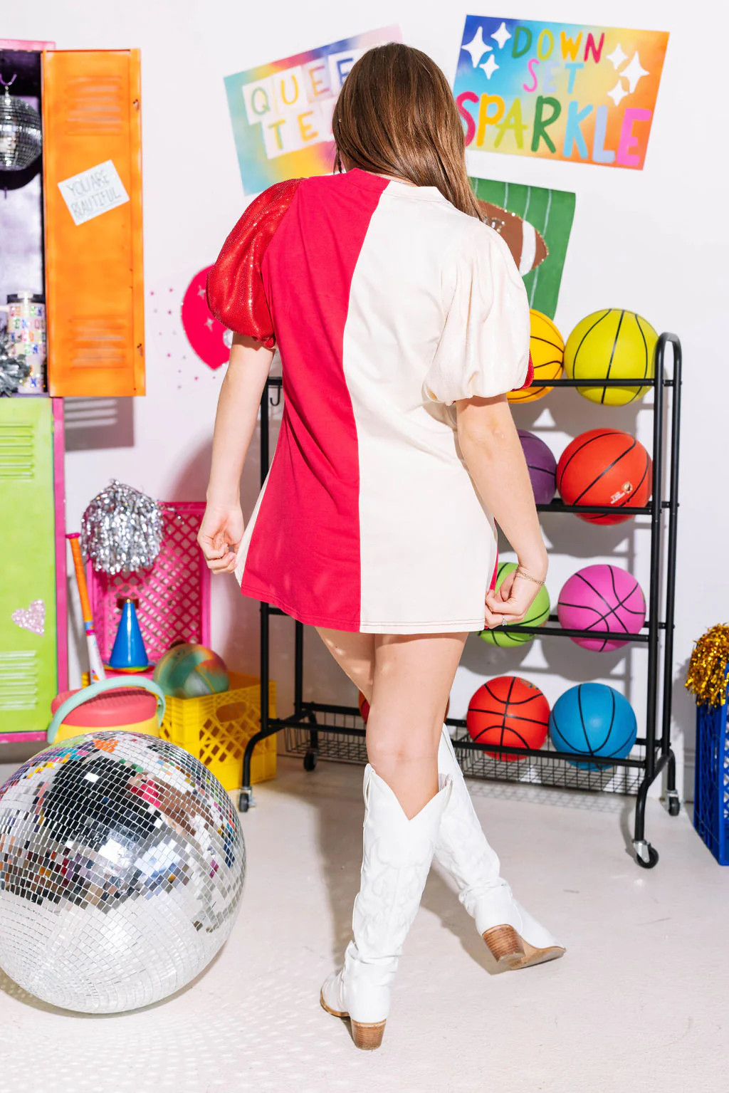 Crimson & Ivory Colorblock Sequin Sleeve Dress | Queen of Sparkles