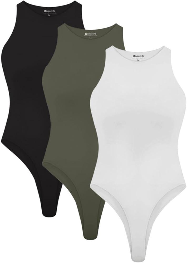 Cyanstyle Womens 3 Piece Bodysuits Sexy Sleeveless Racer Back High Neck Double Lined Bodysuit Tan... | Amazon (US)