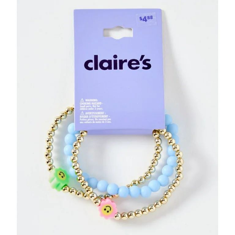Claire's Blue Bead and Smiley Face Gold Beat Stretch Bracelets, 3-Pack | Walmart (US)