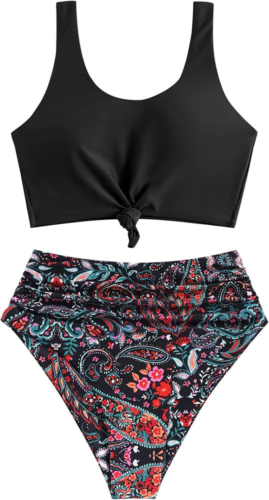 ZAFUL Women's High Waisted Tankini Scoop Neck Knotted Two Pieces Tankini Set Swimsuit | Amazon (US)