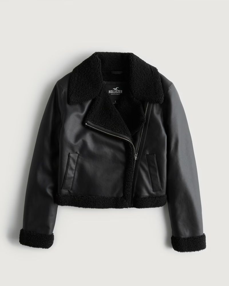 Women's Crop Sherpa-Lined Faux Leather Biker Jacket | Women's Jackets & Coats | HollisterCo.com | Hollister (US)