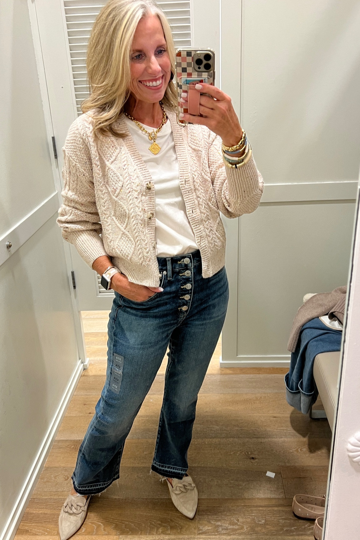 I love a button front Jean (they help hold your tummy in) wearing 27 
Kick crop is also my favorite cut. 
Great sweater to ear alone or layered. 
Wearing XS 

Use code COAST20 On Allie + Bess 

#LTKOver40 #LTKFindsUnder50 #LTKSaleAlert