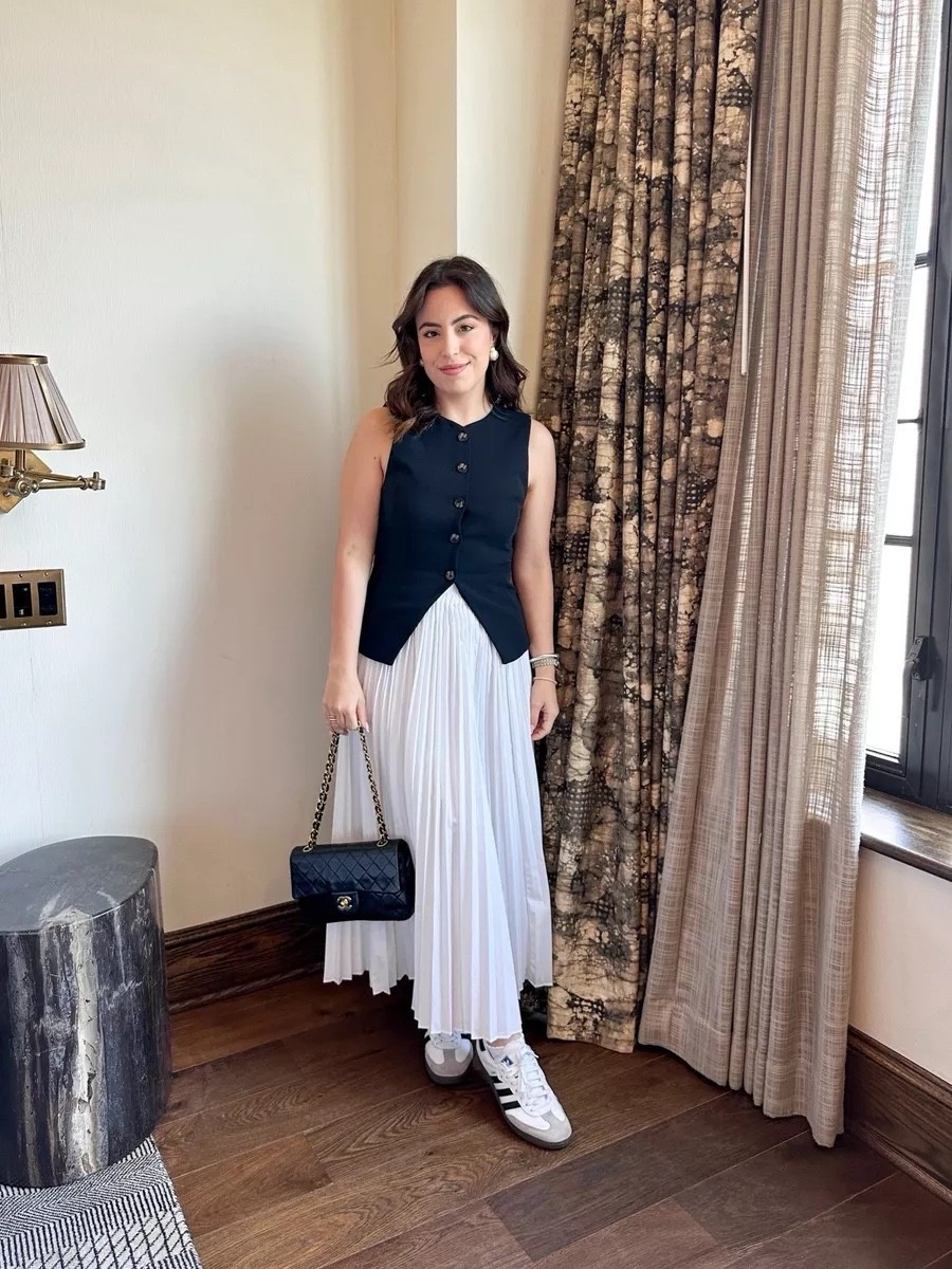 If you're looking for the perfect casual elevated summer outfit, this black tailored vest with a white pleated skirt and Adidas Sambas is it! Such a fun and effortless combination that feels so put-together!

summer style, capsule wardrobe, shoe inspo, vacation look, petite fashion, modest style, warm weather look

#LTKootd #LTKPetite #LTKU