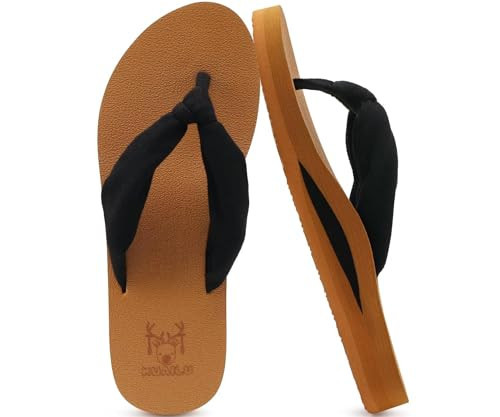 KuaiLu Flip Flops Women Arch Support Yoga Mat Comfortable Summer Beach Walking Thong Cushion Sandals Slip on Outfits Travel Essential Orthotic Slides Indoor Outdoor Slippers Shoes Black Khaki Size 9.5 | Amazon (US)