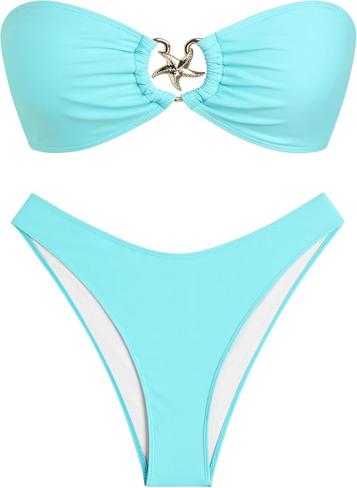 ZAFUL Womens Bandeau Bikini Set Metallic Sparkly O Ring Lace Up Tie Side High Cut Tanga Sexy Bath... | Amazon (US)