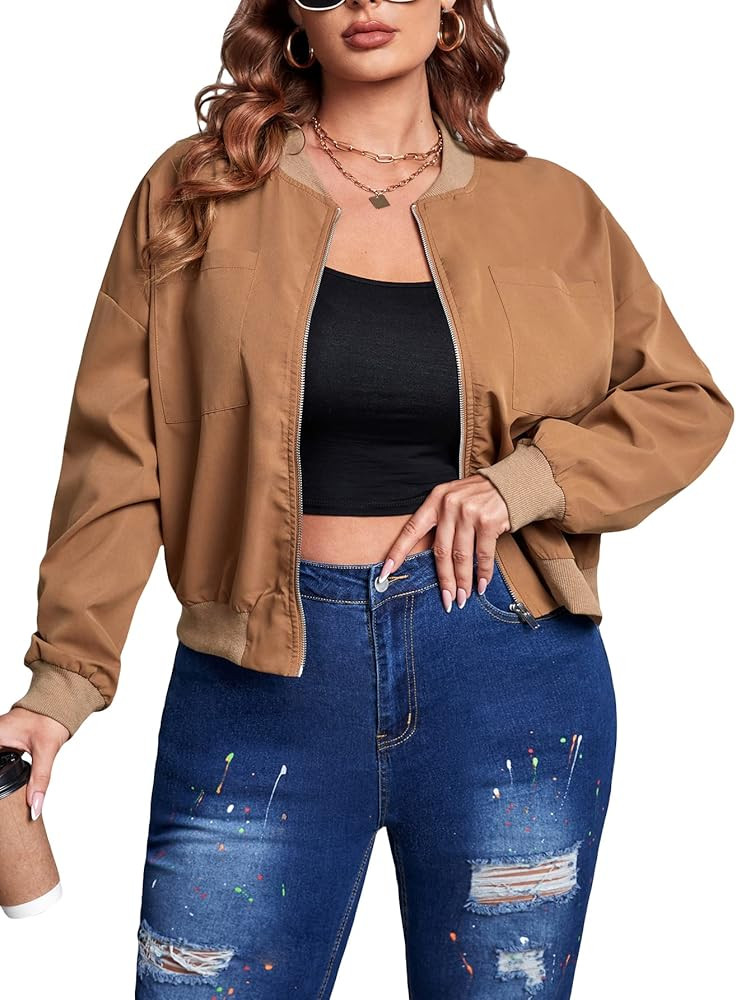 MakeMeChic Women's Plus Size Casual Solid Drop Shoulder Zip Up Bomber Jacket | Amazon (US)