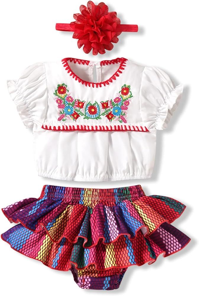 HINTINA Infant Baby Girl Mexican Embroidery Floral Shorts Outfits Ethnic Wear Cinco De Mayo Fiest... | Amazon (US)