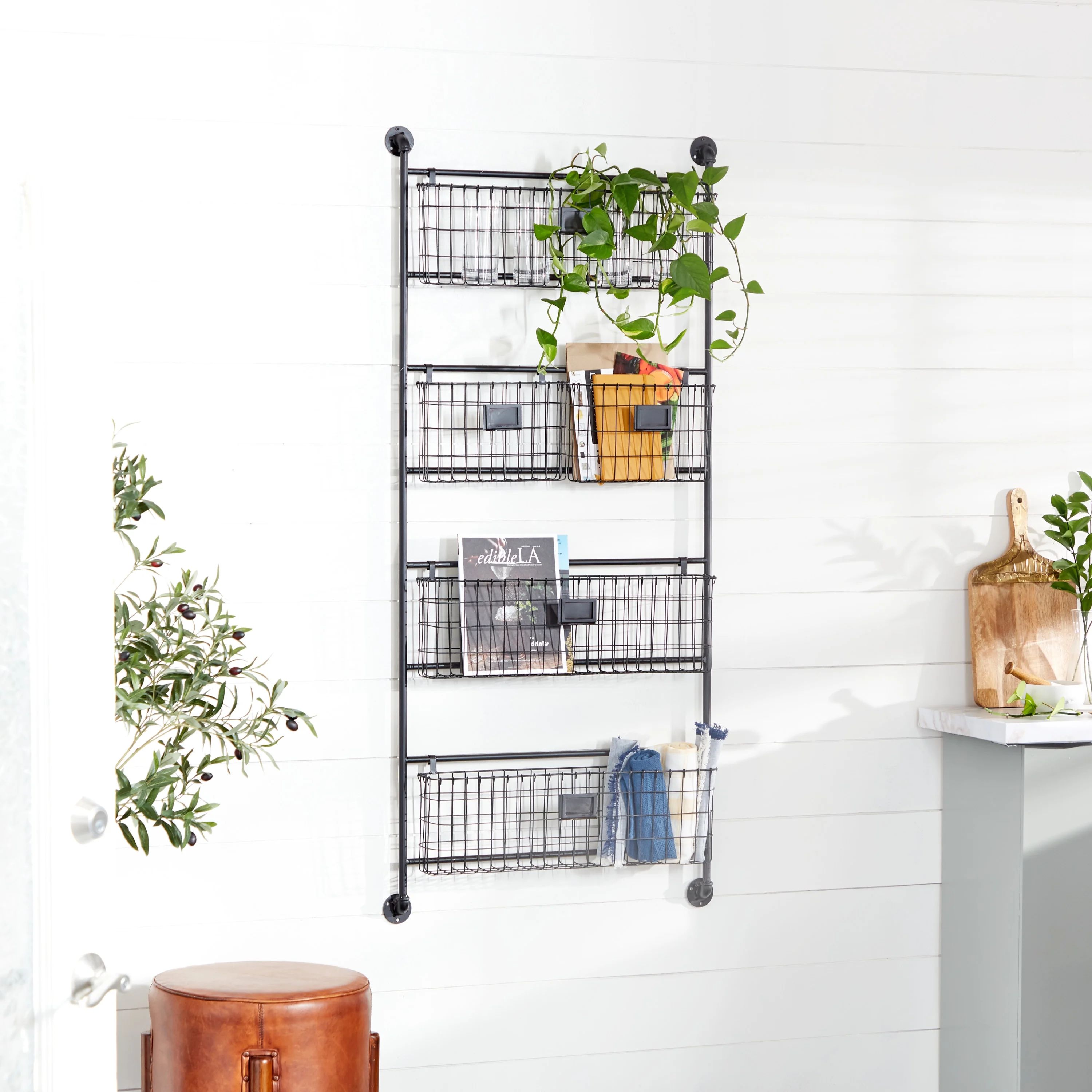 DecMode 4-Tier Industrial Wall Organizer Basket and Magazine Rack Holder, 27"W x 5"L x 61"H, Blac... | Walmart (US)