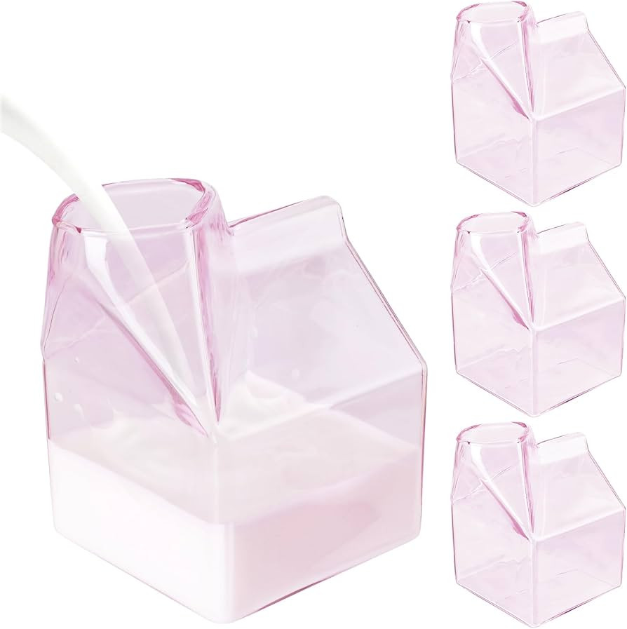 Cute Glass Milk Carton, 4 Pcs, 12oz Pink Kawaii Clear Cup, Milk Creamy Froth Container, Gift Choi... | Amazon (US)