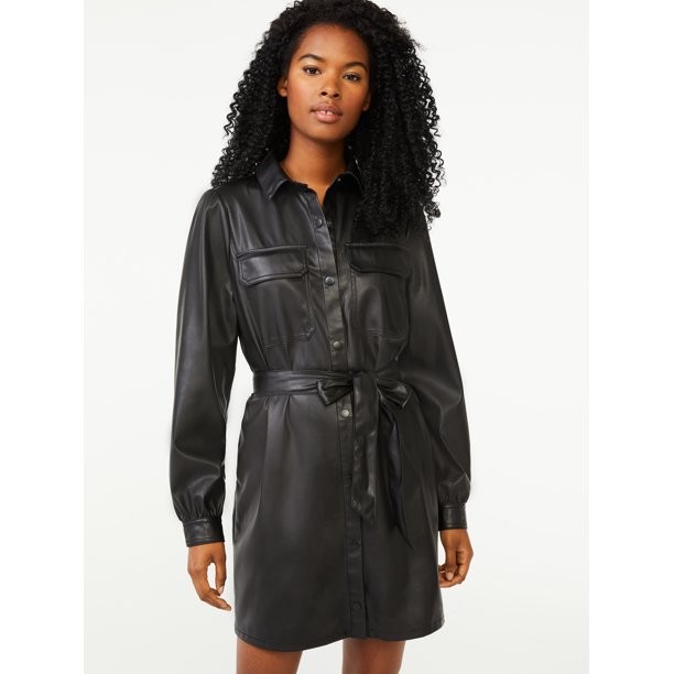 Scoop Women's Faux Leather Belted Shirt Dress - Walmart.com | Walmart (US)