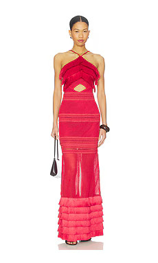 PatBO Radiant Fringe Halterneck Maxi Dress in Dark Red from Revolve.com | Revolve Clothing (Global)