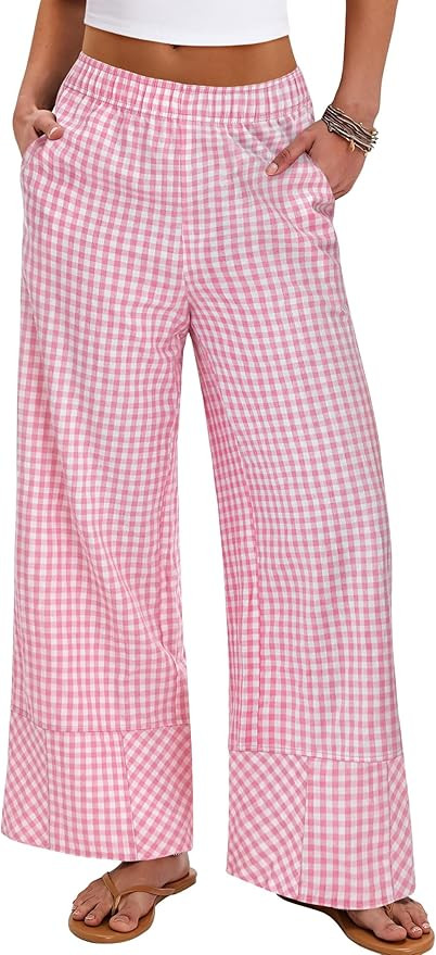 ANRABESS Womens Gingham Striped Boxer Pants Pajama Lounge PJ Bottoms Plaid Wide Leg Casual Cute F... | Amazon (US)