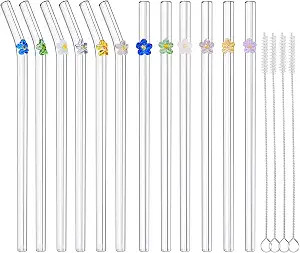 Reusable Glass Straw with Flower ,Shatter Resistant Bend Glass Straws with Design Flower Decorati... | Amazon (US)