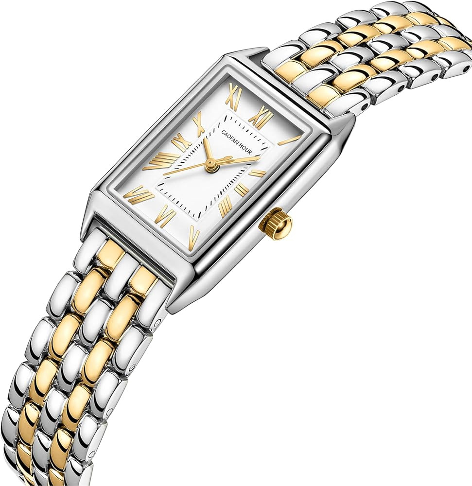 Gold Watches for Women with Vintage Rectangular Case,White Roman Dial,Stainless Steel Band,Adjust... | Amazon (US)