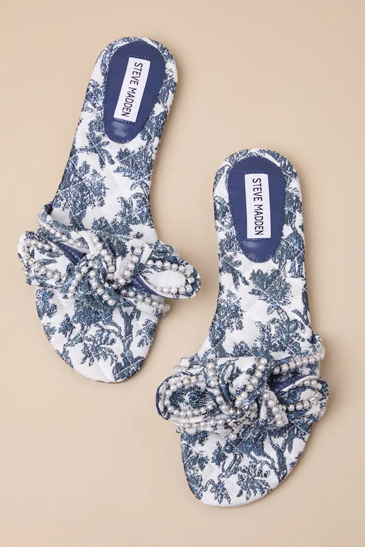 Misha Blue Multi Floral Knotted Pearl Slide Sandals | Lulus