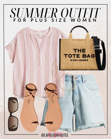 Step into summer with effortless style! Pair a timeless striped cotton top with classic denim shorts for a laid-back vibe. Complete the look with chic sunglasses, a trendy straw tote bag, and comfy sandals for the perfect ensemble that's ready for beach days or brunch dates under the sun.

#LTKstyletip #LTKSeasonal #LTKplussize