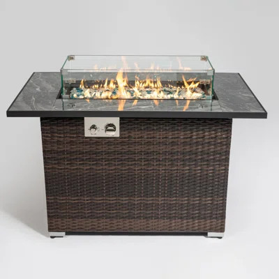 44" Rectangular Propane Gas Fire Pit Table with Ceramic Tile Top & Wicker Base – 50,000 BTU Outdoor Patio Fireplace | Wayfair North America