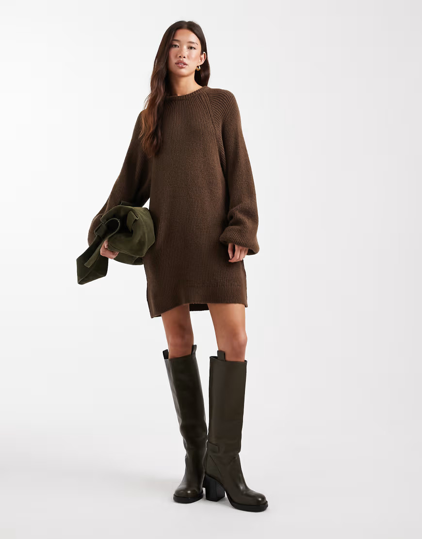 ASOS DESIGN knit oversized sweater dress with balloon sleeve in chocolate brown | ASOS (Global)
