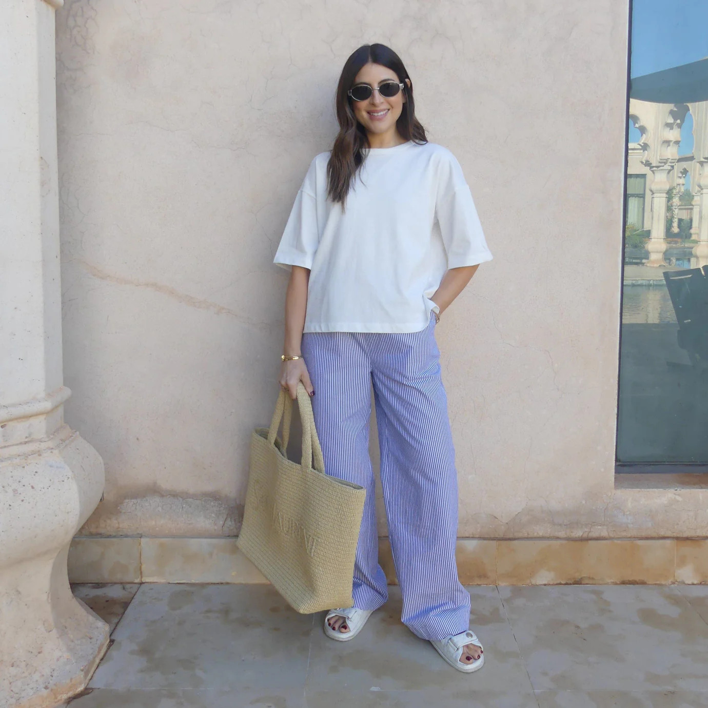 STRIPED COTTON WIDE LEG TROUSERS - BLUE / WHITE | WAT The Brand