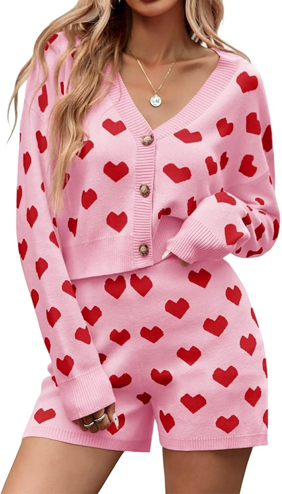 Tankaneo Womens Valentine's Day Sweater Sets Heart Knit Long Sleeve Cropped Cardigan and Shorts 2... | Amazon (US)