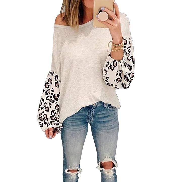 Dressmine Women's Off Shoulder Shirts Leopard Print Long Sleeve Tunic Tops Pullover Sweatshirts | Amazon (US)