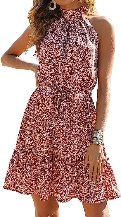 BTFBM Women Floral Dresses Casual Summer Sleeveless Halter Neck Ruffle Belt Boho Polka Dot Leopar... | Amazon (US)