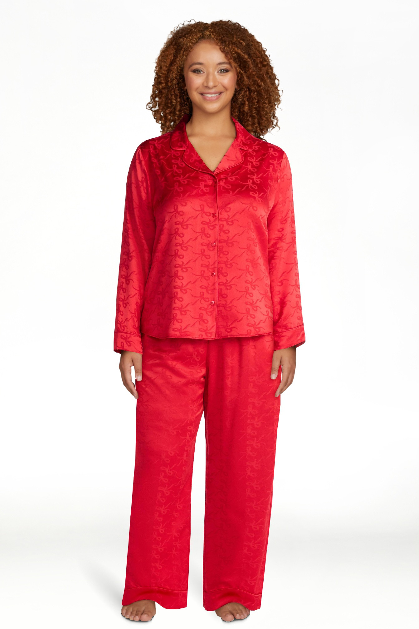 Joyspun Women’s Stretch Satin Notch Long Sleeve Top and Pants Pajama Set, 2-Piece, Sizes XS-3X | Walmart (US)