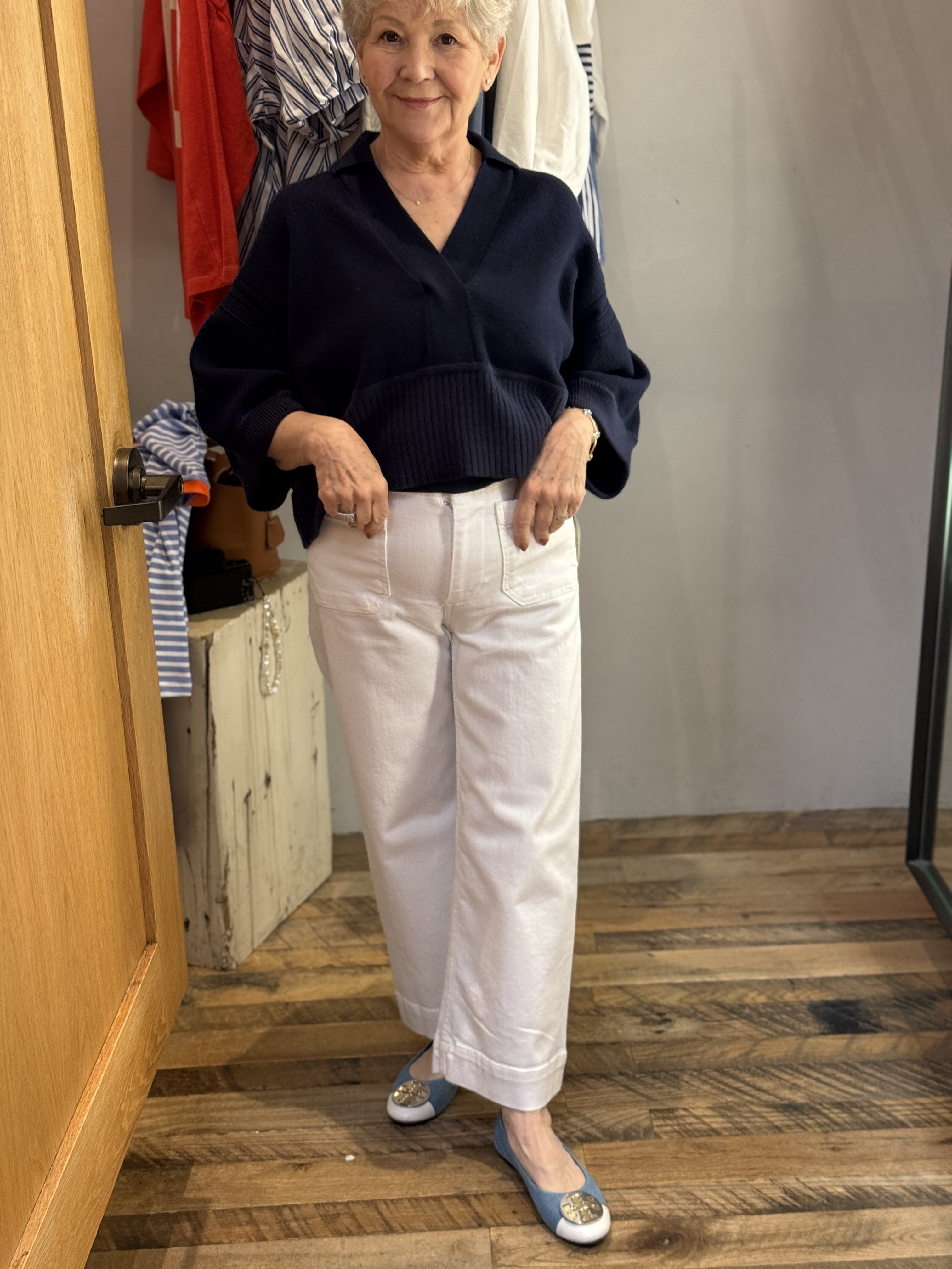 Mimi is wearing the white Colette jeans in a size 2 petite from anthropology.
She is wearing this sweater, but in navy blue and is in a size extra small 

Perfect spring outfit , white jeans, navy blue sweater, Easter outfit

#LTKOver40 #LTKPetite #LTKWatchNow