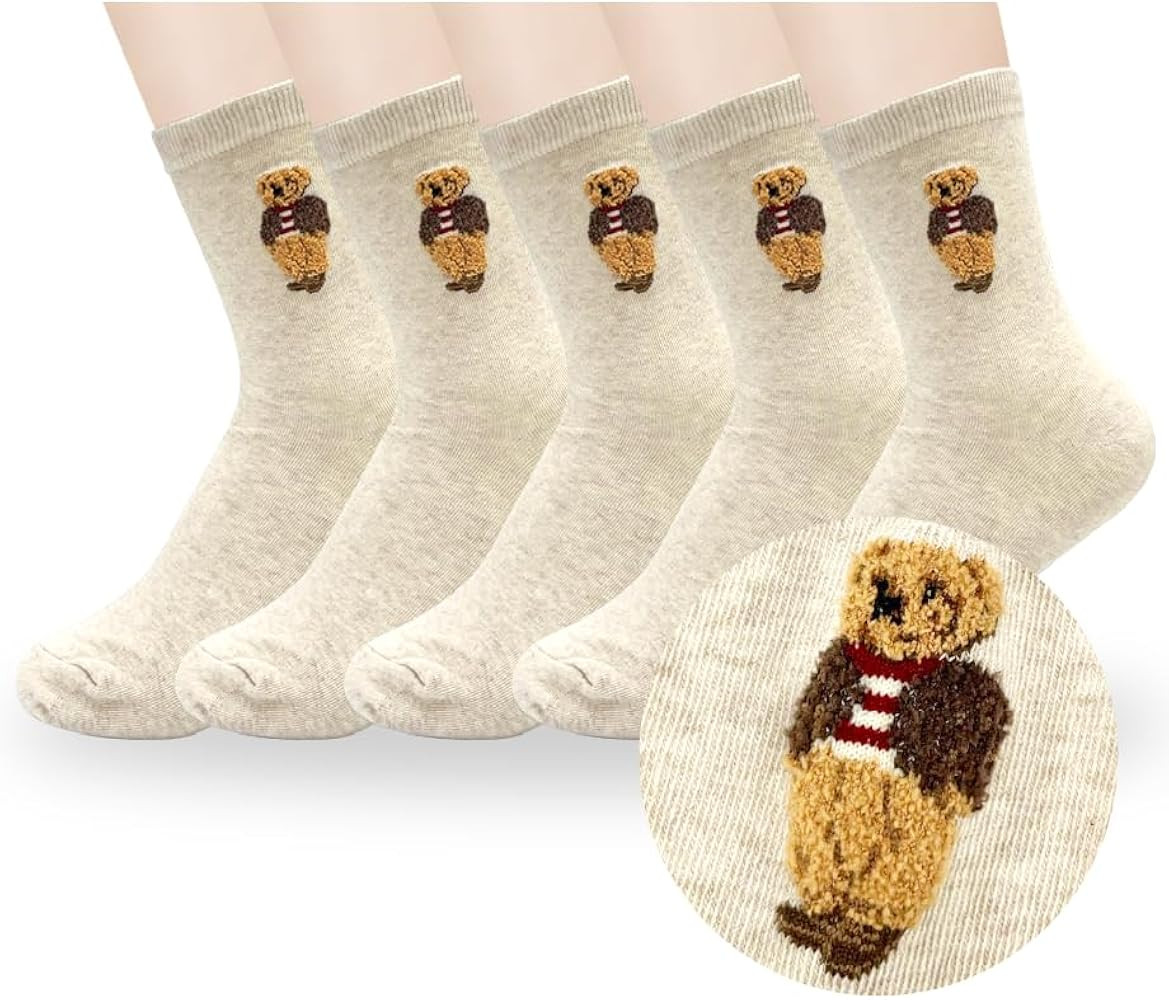 5 Pairs Cute Bear Cotton Crew Socks, Size 4-7 | Amazon (US)