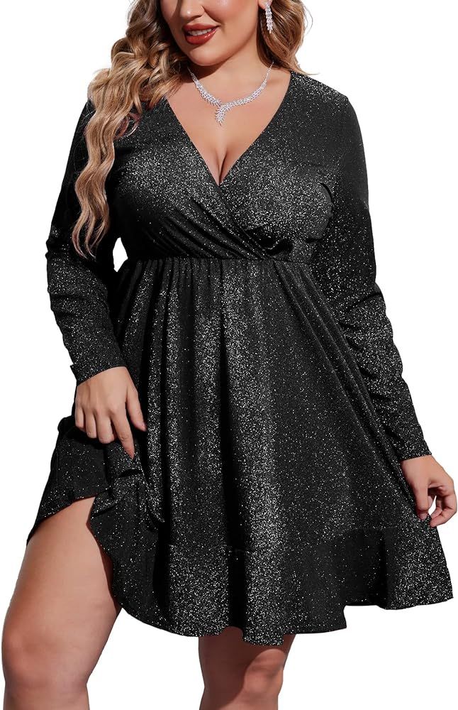 IN'VOLAND Plus Size Womens Glitter Dress V Neck Long Sleeve Ruffle Hem Swing Club Cocktail Party ... | Amazon (US)