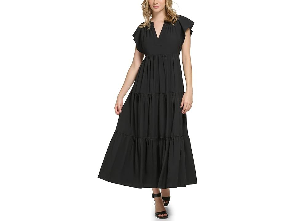 Calvin Klein Gauze Midi Dress with Pleated Tiers (Black) Women's Dress | Zappos