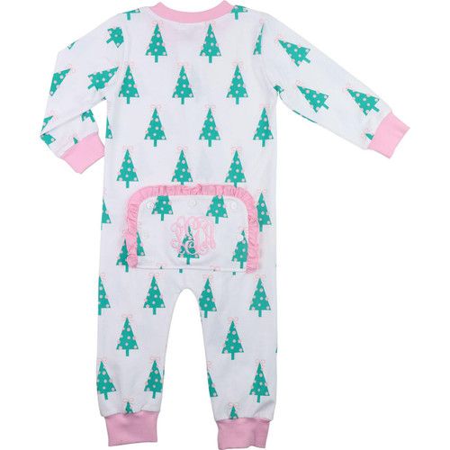 Pink And Green Christmas Tree Print Knit Zipper Pajamas | Cecil and Lou