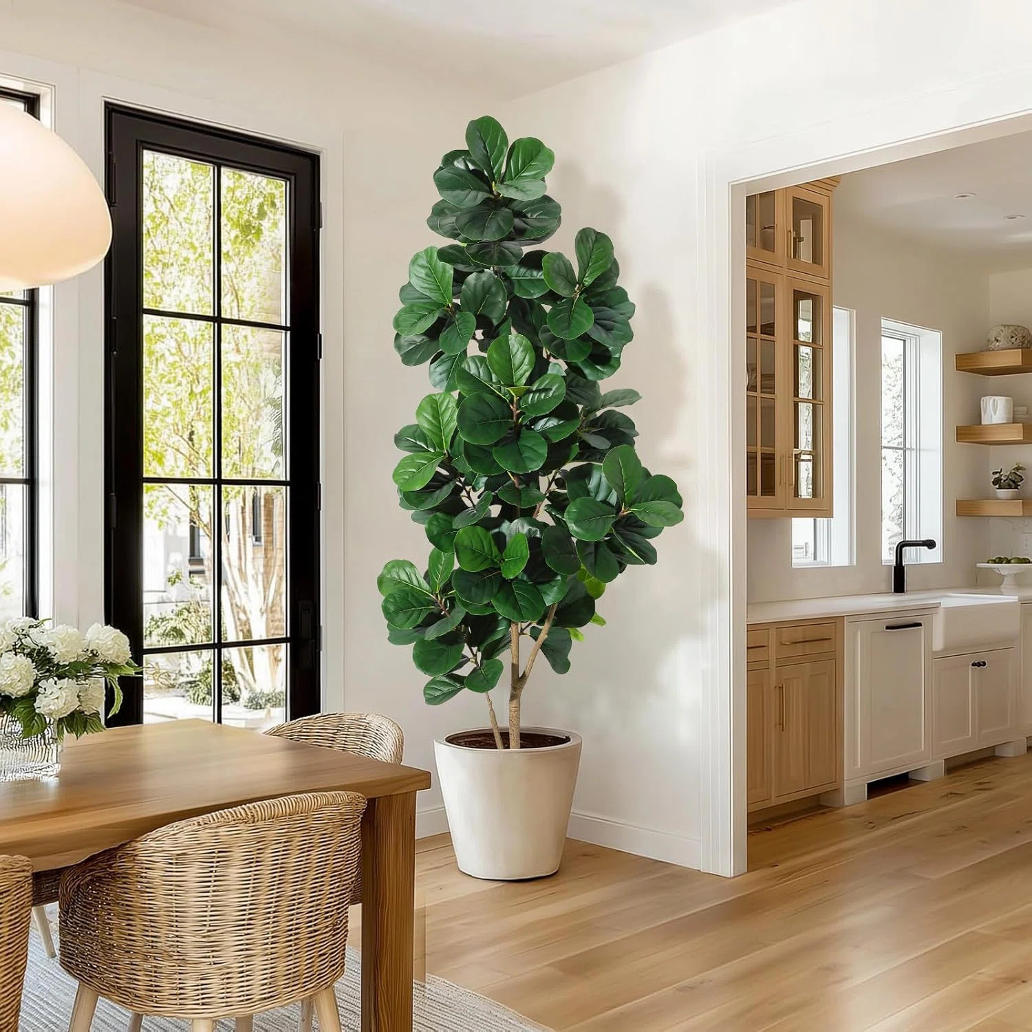 Artificial Fiddle Leaf Fig Tree with 108 Realistic Leaves in White Planter – Indoor Faux Ficus ... | Wayfair North America