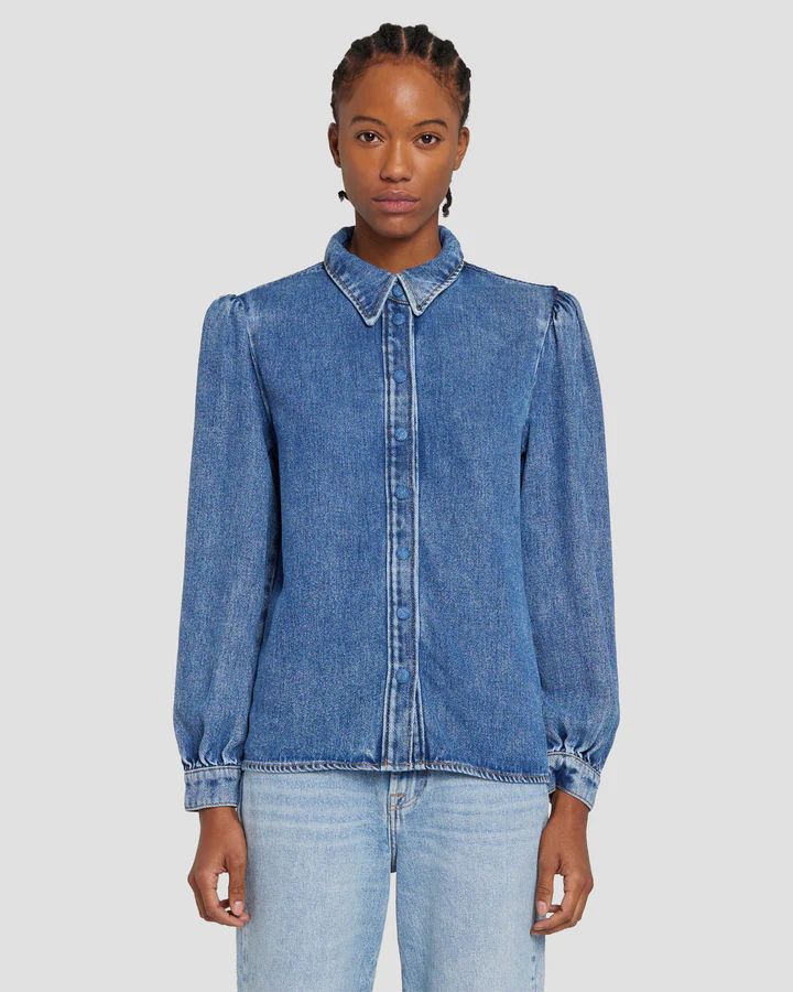 Denim Lustre Puff Sleeve Shirt in Daylily | 7 For All Mankind