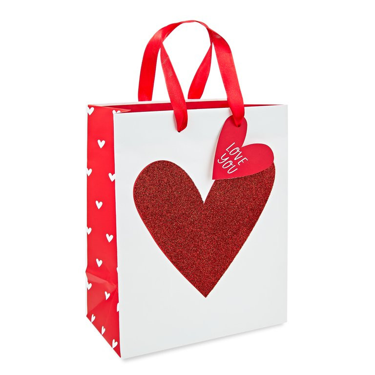 Valentine's Day Red Paper Gift Bag, Glitter Heart, 8.6 in, by Way To Celebrate | Walmart (US)