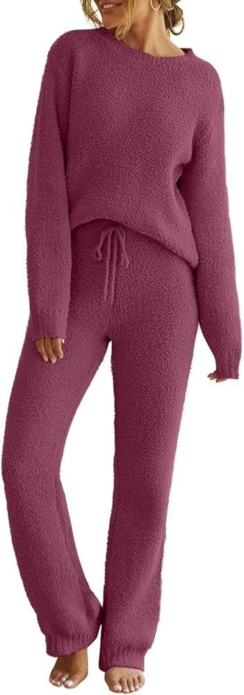 MEROKEETY Womens Pajama Sets 2025 Fall Lounge Sweater Set Cute Fuzzy Fleece 2 Piece Long Sleeve C... | Amazon (US)