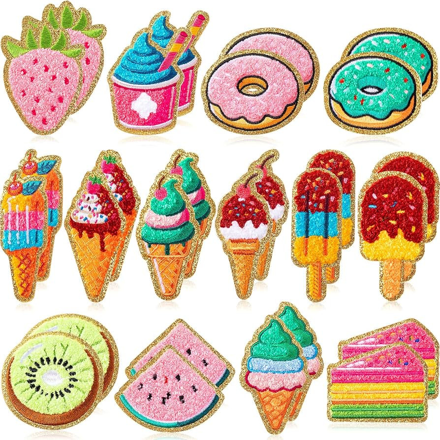WILLBOND 28 Pcs Dessert and Fruit Chenille Patches, Self Adhesive Cute Ice Cream Candy Stickers f... | Amazon (US)