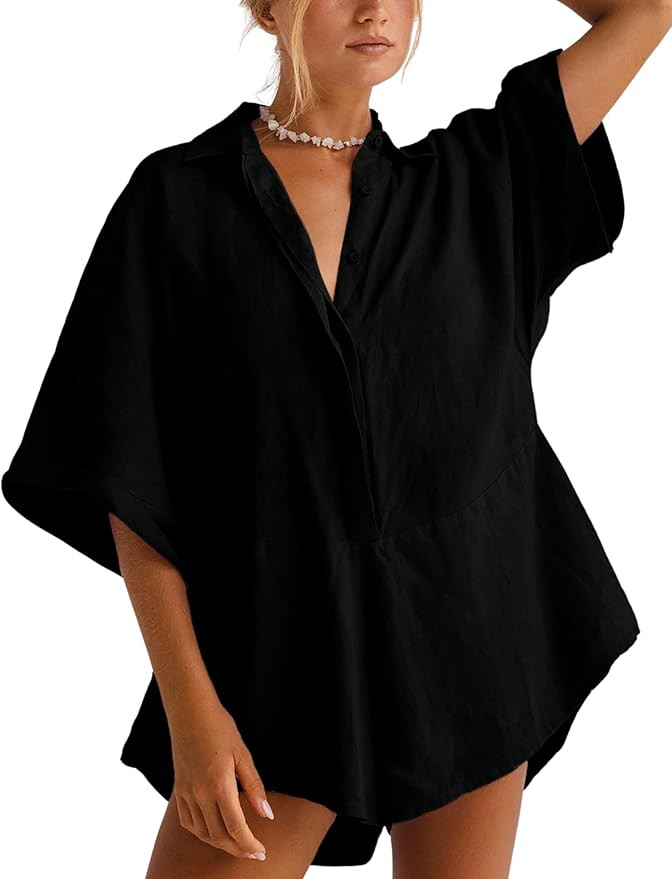 Women One Piece Jumpsuit V-neck Half Button Collared Rompers Short Sleeve Onesie Playsuit Loose O... | Amazon (US)