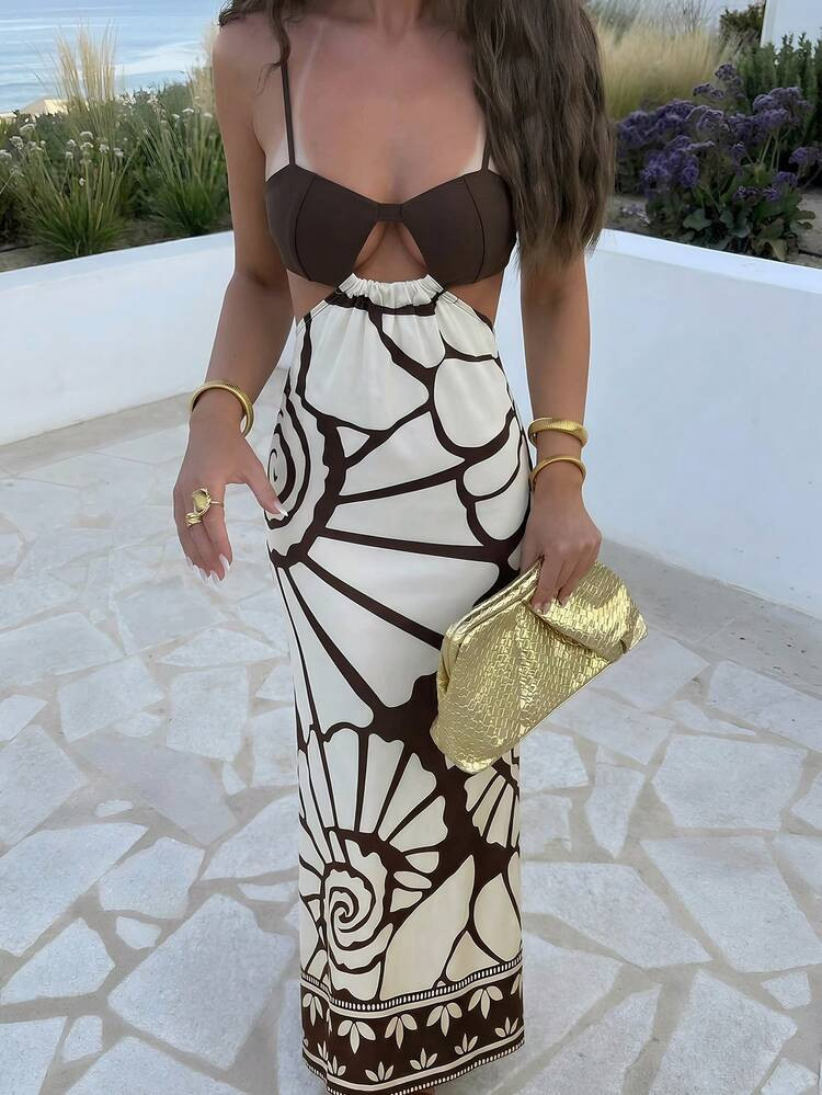Lumalex White Camo,Summer,Casual,Holiday,Vacation,Holiday Empire-Waist Gown,Sculpted Bust Bodice,Spaghetti Straps,Open-Back Maxi Dress,Abstract Shell Print | SHEIN