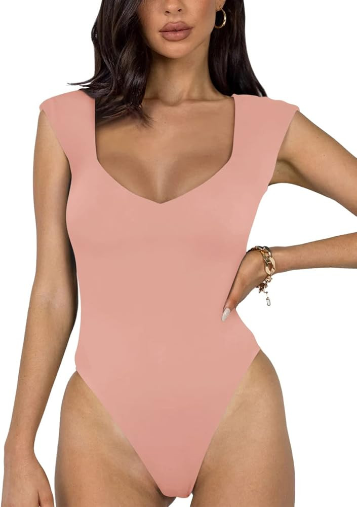 REORIA Women's Sexy Casual V Neck Double Lined Sleeveless Slimming Going Out Tank Top Bodysuits | Amazon (US)