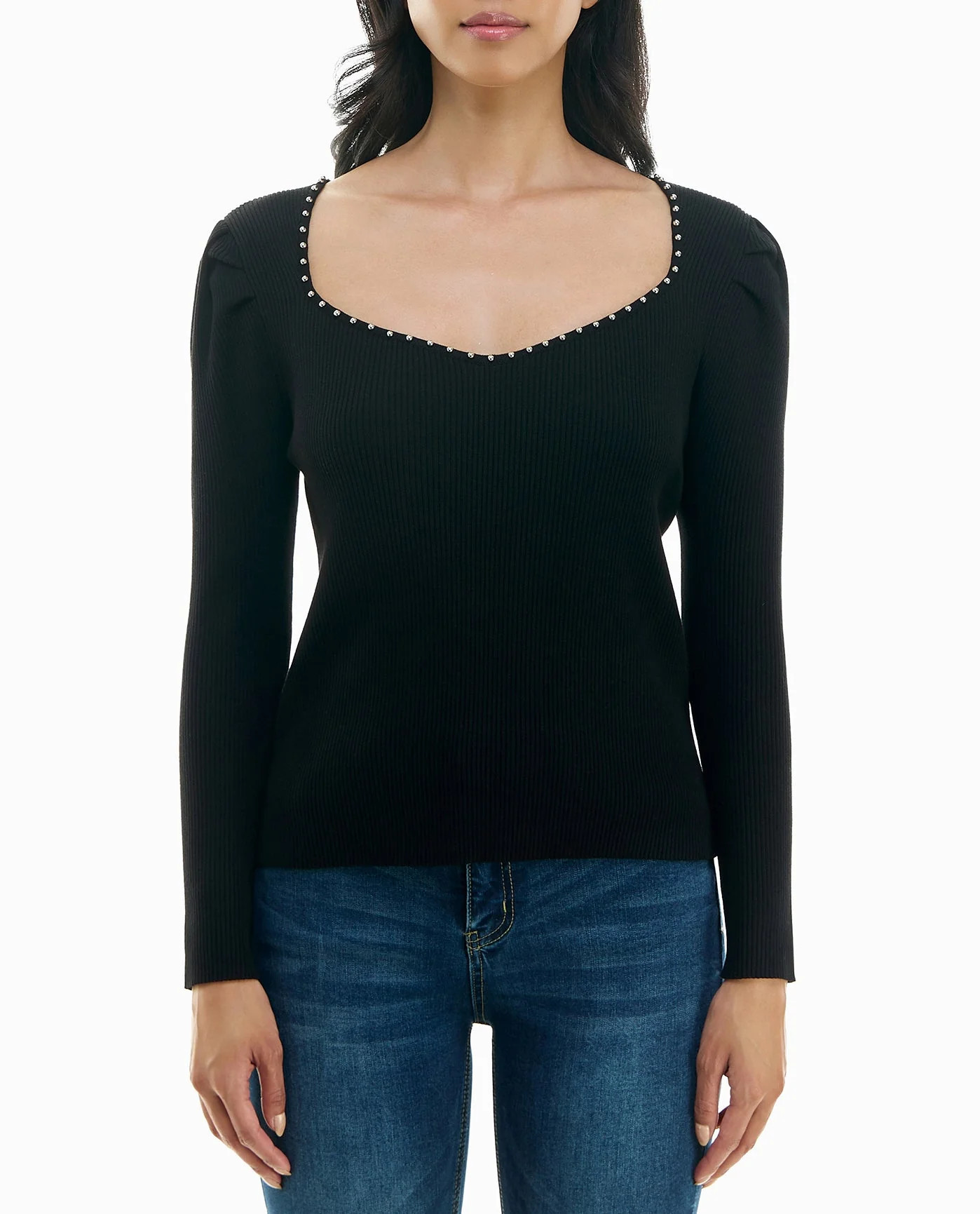 HARLEY KNIT PUFF SLEEVE NECK TRIM SWEATER | Nicole Miller