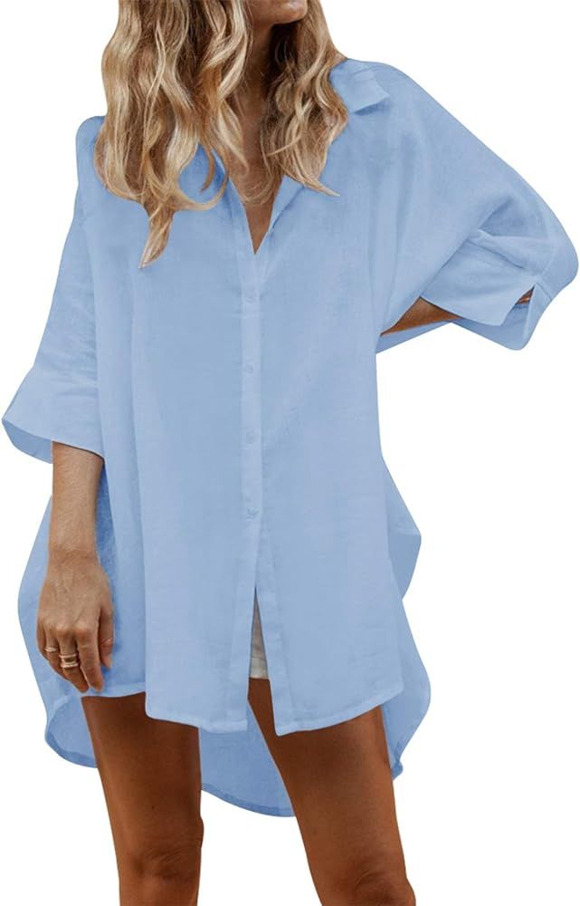 Auxo Women Long Sleeve V Neck Pocket Shirt Dress Tunic Top Casual Solid Charade Blouse | Amazon (US)