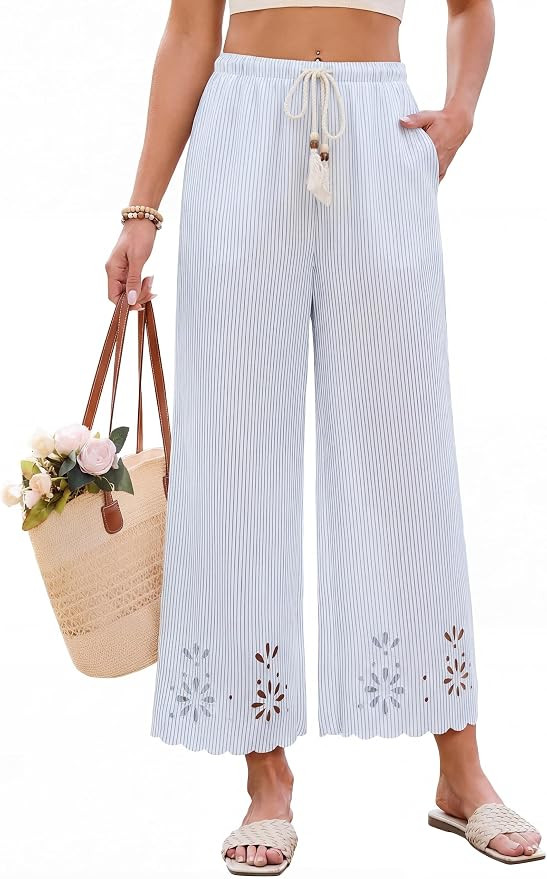 Blooming Jelly Womens Striped Wide Leg Pants Summer Beach Palazzo Pant Lounge Casual Trousers wit... | Amazon (US)