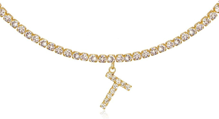 Letter Necklace 14k Gold Plated Tennis Chain Initial Alphabet Pendant Choker Bling Iced CZ Diamon... | Amazon (US)