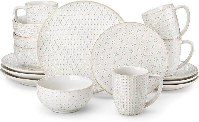 MALACASA 16 Pieces Dinnerware Sets, Modern Relief Design Plates and Bowls Sets, White Dish Set fo... | Amazon (US)