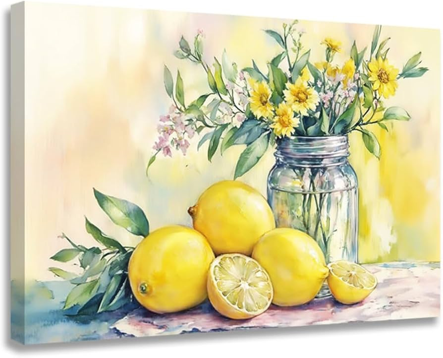 ZQQART Lemon Picture for Wall Kitchen Decor Citrus Fruit Canvas Prints Yellow Lemon and Flower Pa... | Amazon (UK)