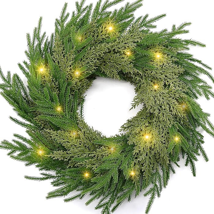 Christmas Norfolk Pine Wreath with Lights, 24 Inch Pine Wreath, Christmas Wreaths for Front Door,... | Amazon (US)