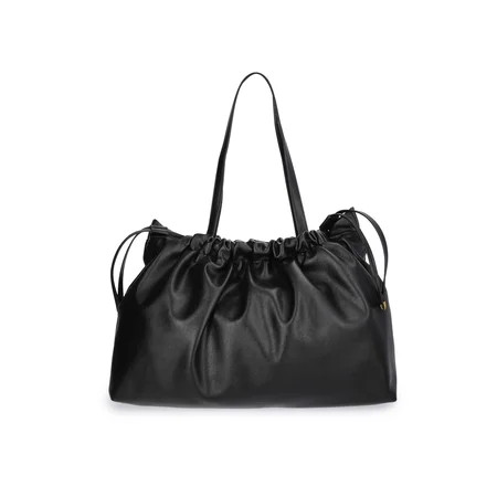 Scoop Women's Faux Leather Oversized Drawstring Pouch Tote, Black | Walmart (US)